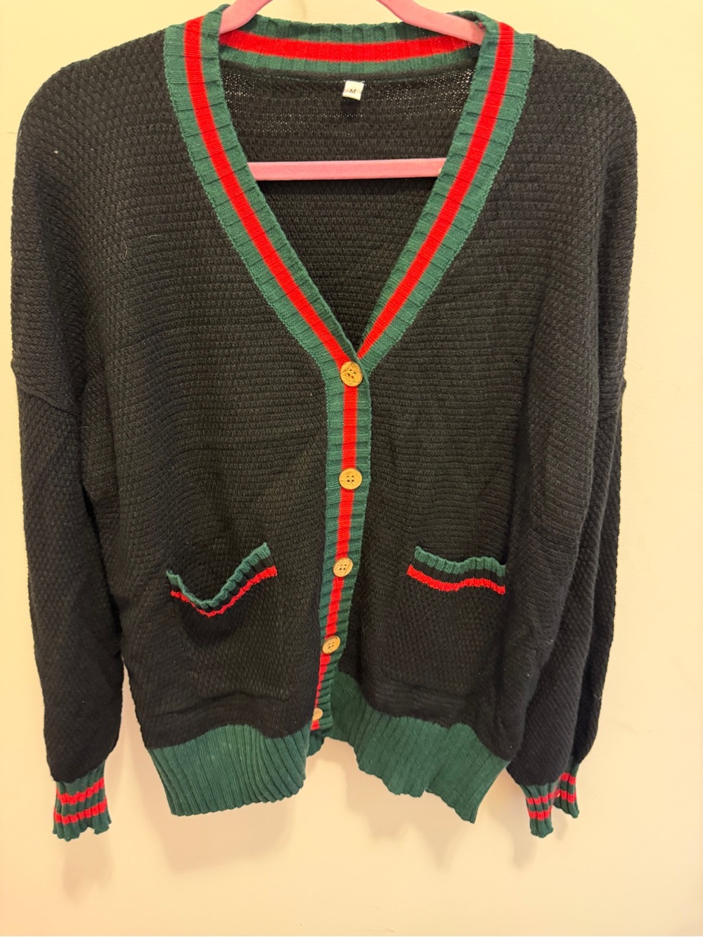 Black V-Neck Cardigan with Green & Red Trim - Classic Women's Sweater